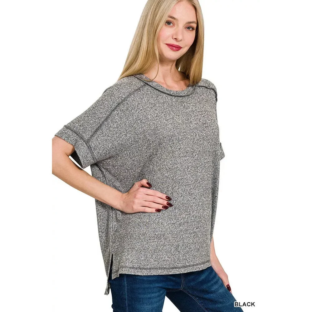 Zenana Full Size Soft Melange Hacci Short Sleeve Hi-low Tee Plus Size